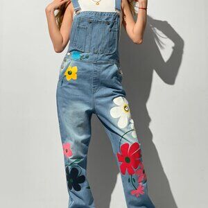 Floral Print Straight Leg Denim Overalls